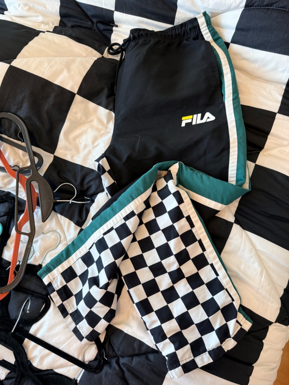 Fila Black & White Checkered Track Pants with Teal Trim